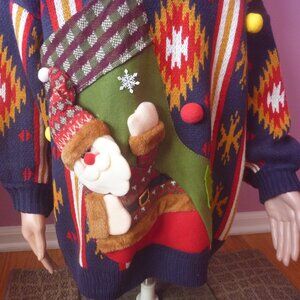 New Unique Christmas Sweater Patch Santa Poms Aztec Southwestern Navajo Red L XL